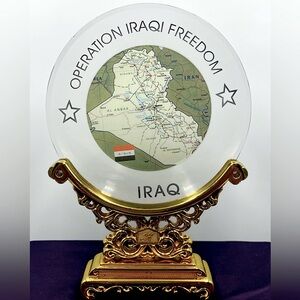 Operation Iraqi Freedom Commemorative Glass Plate Include Map & Gold Metal Stand